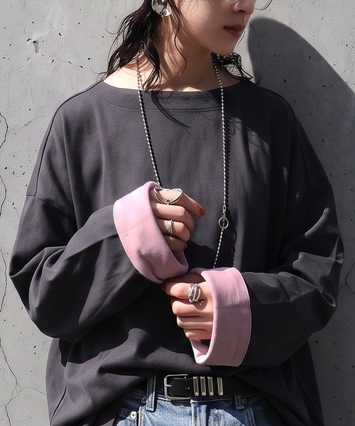 antiqua(アンティカ)の「綿100 配色袖 ボートネック ロンT(Tシャツ/カットソー・レディース・ホワイト/ネイビー/ブラック/レッド/ダークグレー・R/C)」の1枚目の写真