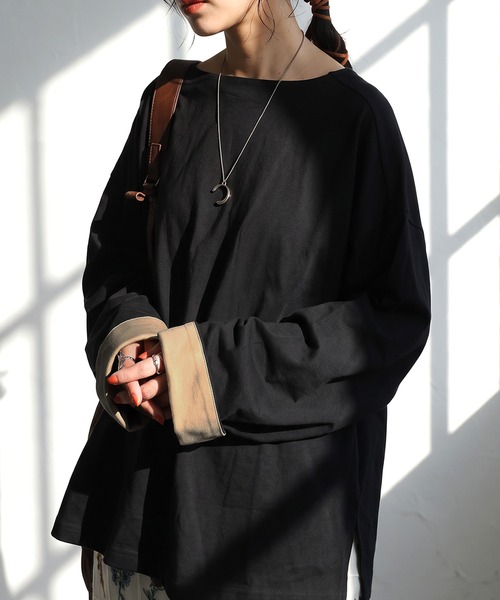antiqua(アンティカ)の「綿100 配色袖 ボートネック ロンT(Tシャツ/カットソー・レディース・ホワイト/ネイビー/ブラック/レッド/ダークグレー・R/C)」の3枚目の写真