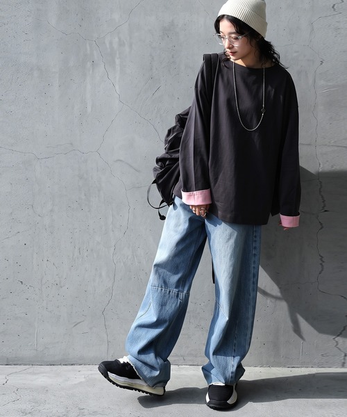 antiqua(アンティカ)の「綿100 配色袖 ボートネック ロンT(Tシャツ/カットソー・レディース・ホワイト/ネイビー/ブラック/レッド/ダークグレー・R/C)」の17枚目の写真