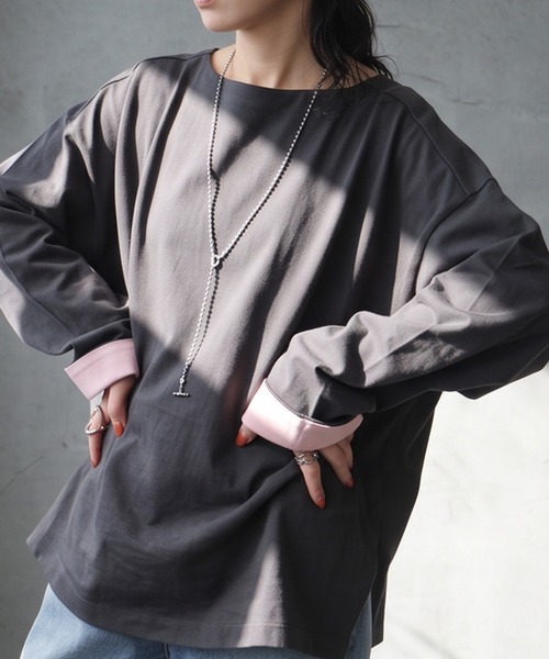 antiqua(アンティカ)の「綿100 配色袖 ボートネック ロンT(Tシャツ/カットソー・レディース・ホワイト/ネイビー/ブラック/レッド/ダークグレー・R/C)」の18枚目の写真