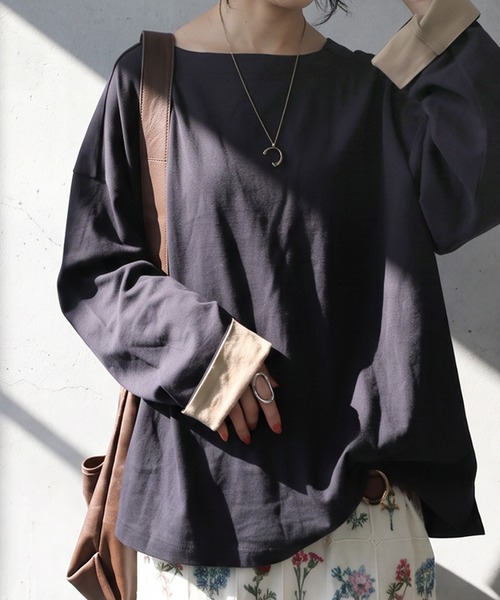 antiqua(アンティカ)の「綿100 配色袖 ボートネック ロンT(Tシャツ/カットソー・レディース・ホワイト/ネイビー/ブラック/レッド/ダークグレー・R/C)」の15枚目の写真
