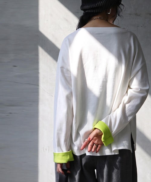 antiqua(アンティカ)の「綿100 配色袖 ボートネック ロンT(Tシャツ/カットソー・レディース・ホワイト/ネイビー/ブラック/レッド/ダークグレー・R/C)」の8枚目の写真