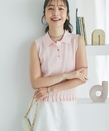 【ヘルシー&フェミニン】変形リブポロ衿ノースリニット