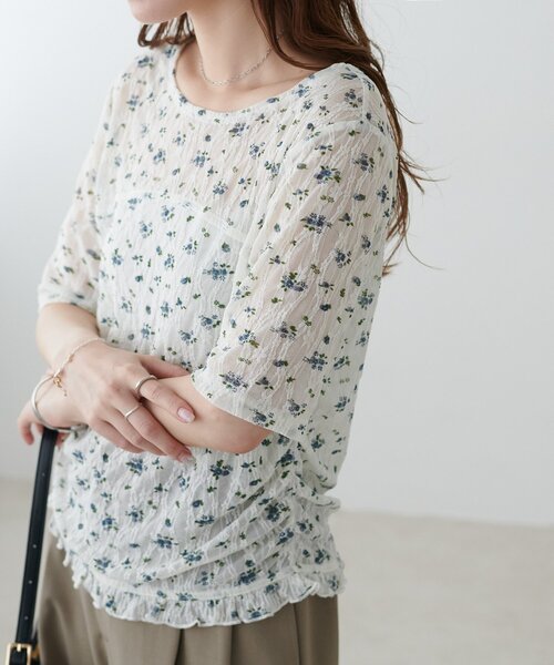 DISCOAT(ディスコート)の「花柄シャーリング半袖プルオーバー(Tシャツ/カットソー・レディース・ミント/アイボリー/ブラック・FREE)」の2枚目の写真