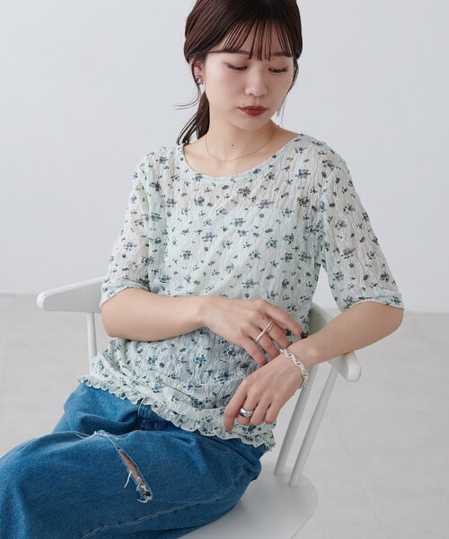 DISCOAT(ディスコート)の「花柄シャーリング半袖プルオーバー(Tシャツ/カットソー・レディース・ミント/アイボリー/ブラック・FREE)」の1枚目の写真