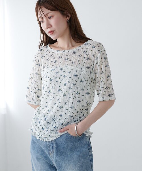 DISCOAT(ディスコート)の「花柄シャーリング半袖プルオーバー(Tシャツ/カットソー・レディース・ミント/アイボリー/ブラック・FREE)」の6枚目の写真