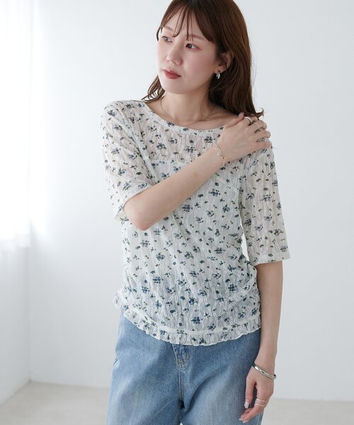 DISCOAT(ディスコート)の「花柄シャーリング半袖プルオーバー(Tシャツ/カットソー・レディース・ミント/アイボリー/ブラック・FREE)」の7枚目の写真