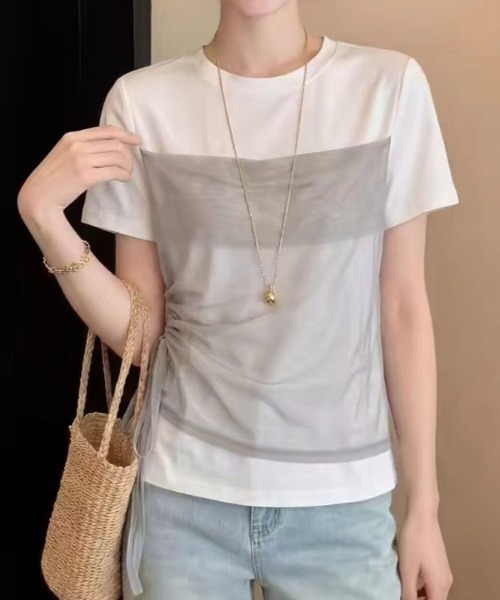 Lips（リップス）の「シフォンを重ねた旬デザインでこなれ感アップ！1枚で映えるドッキングTシャツ（Tシャツ/カットソー・レディース・ブラック/ホワイト・FREE）」の2枚目の写真