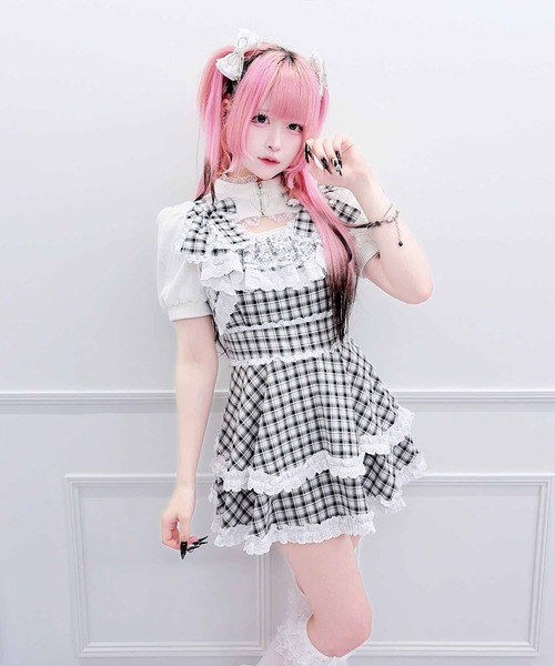 MA*RS(アメーバーマーズ)の「ダブルりぼんサスペンダーチェックキャミOP(ワンピース・レディース・グレー/ブラック/ピンク・FREE)」の4枚目の写真