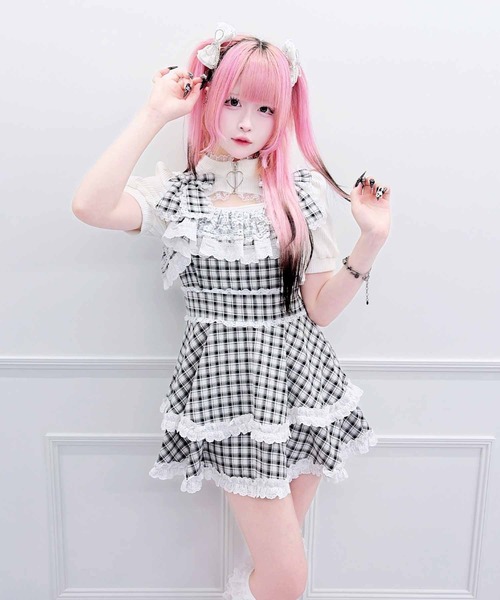 MA*RS(アメーバーマーズ)の「ダブルりぼんサスペンダーチェックキャミOP(ワンピース・レディース・グレー/ブラック/ピンク・FREE)」の5枚目の写真