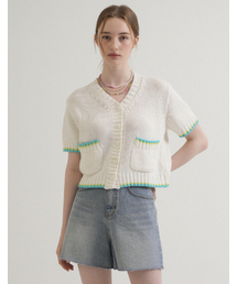 Summer V-neck Pocket Coloring Knit Cardigan (White)