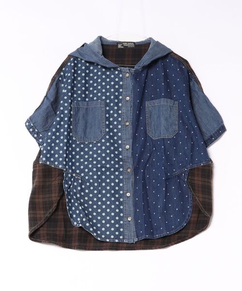 CUBE SUGAR(キューブシュガー)の「CUBE SUGAR/キューブシュガー DOT DENIMxチェック5分袖フードシャツ(シャツ/ブラウス・レディース・オレンジ/ブラウン・FREE)」の2枚目の写真