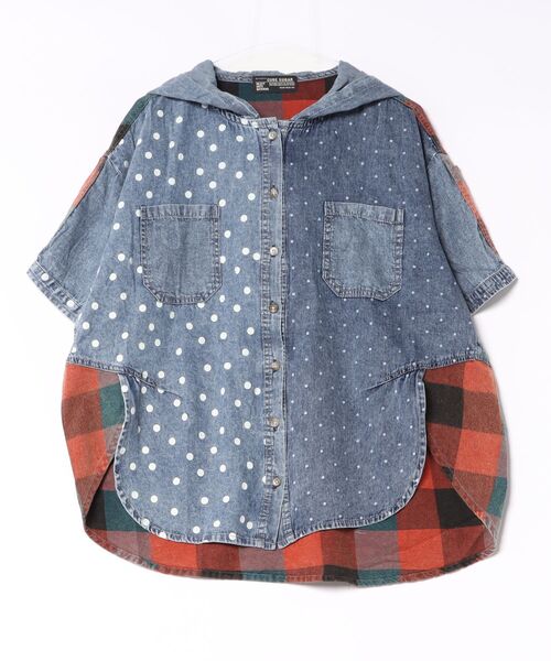 CUBE SUGAR(キューブシュガー)の「CUBE SUGAR/キューブシュガー DOT DENIMxチェック5分袖フードシャツ(シャツ/ブラウス・レディース・オレンジ/ブラウン・FREE)」の1枚目の写真