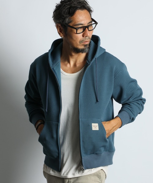 The DUFFER of ST.GEORGE(ザダファーオブセントジョージ)の「WAFFLE ZIP HOODIE:ワッフル ジップ フーディー / フルジップパーカー(パーカー・メンズ・ブルー/グレー・X-LARGE/LARGE/MEDIUM)」の5枚目の写真