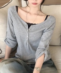 2WAYロールアップスリーブ ヘンリーネックロングTシャツ