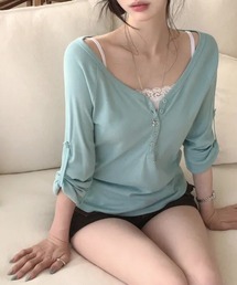 2WAYロールアップスリーブ ヘンリーネックロングTシャツ