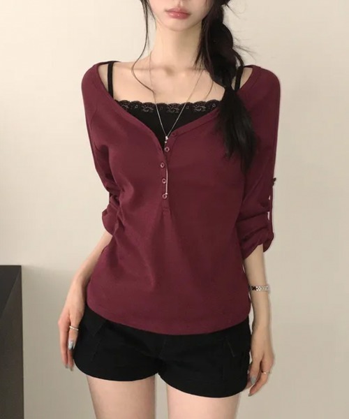Emilie(エミリー)の「2WAYロールアップスリーブ ヘンリーネックロングTシャツ(Tシャツ/カットソー・レディース・ワインレッド/カーキ/アイボリー/ミント/ブラック/グレー・FREE)」の6枚目の写真