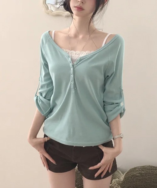 Emilie(エミリー)の「2WAYロールアップスリーブ ヘンリーネックロングTシャツ(Tシャツ/カットソー・レディース・ワインレッド/カーキ/アイボリー/ミント/ブラック/グレー・FREE)」の18枚目の写真