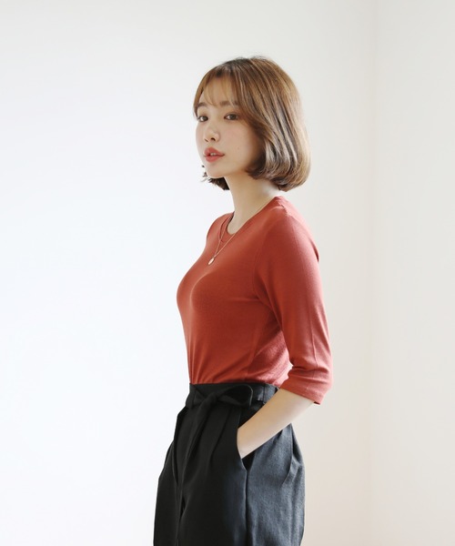Tシャツ ラウンドネック パフスリーブ リボン 2COLOR セール】ラウンドネック スリムライン ソフトリブ 7分丈 Tシャツ
