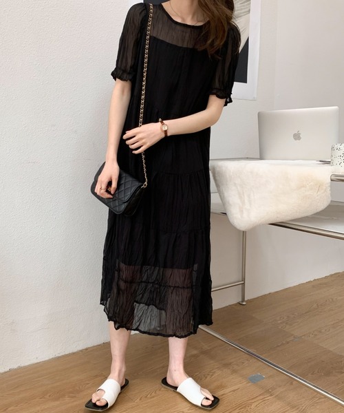 【美品】アドーア 配色ダブルジャージーワンピース フレンチスリーブ バックリボン 接触冷感丈違いフレンチスリーブワンピース/AMERICAN HOLIC