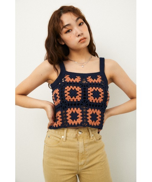 LAGUA GEM(ラグアジェム)の「CROCHET TOPS(キャミソール・レディース・ネイビー/ライトグリーン・FREE)」の1枚目の写真