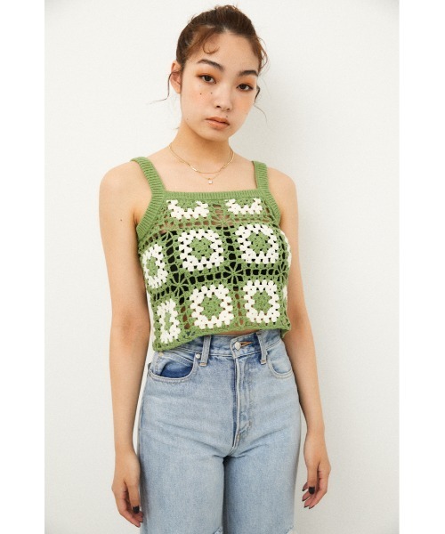 LAGUA GEM(ラグアジェム)の「CROCHET TOPS(キャミソール・レディース・ネイビー/ライトグリーン・FREE)」の5枚目の写真
