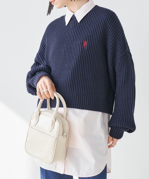 U.S. POLO ASSN.(ユーエスポロアッスン)の「U.S. POLO ASSN./ユーエスポロアッスン ボリュームスリーブ 別注ワンポイント刺繍ショートニット(ニット/セーター・レディース・ブラック/オレンジ/グレー/ネイビー/ベージュ/ブラウン/グリーン/アイボリー/ピンク/ピンク系/イエロー/ライム/レッド系/サックスブルー/アッシュグレー/ネイビー系/カーキ/ライトピンク・FREE)」の22枚目の写真