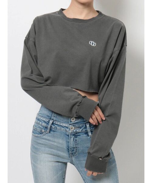 GYDA（ジェイダ）の「GGワッペンショートグラインダーロングTシャツ（Tシャツ/カットソー・レディース・チャコールグレー/オフホワイト・FREE）」の13枚目の写真