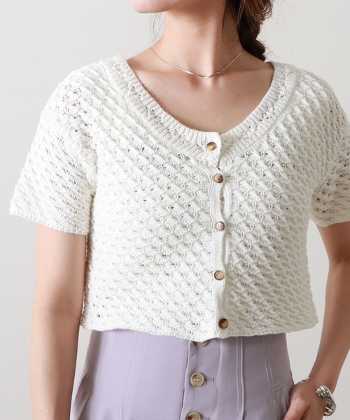 Cheek（チーク）の「透かし編ニットカーディガン（カーディガン/ボレロ・レディース・オフホワイト/イエロー/ラベンダー・MEDIUM）」の2枚目の写真