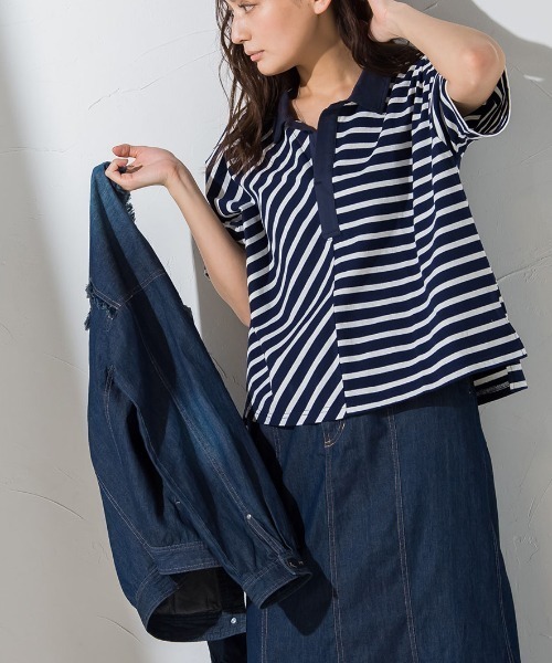 socolla(ソコラ)の「【socolla】切替えボーダーポロTシャツ ≪手洗い可能≫(ポロシャツ・レディース・チャコールグレー/ネイビー/ボルドー・M)」の2枚目の写真