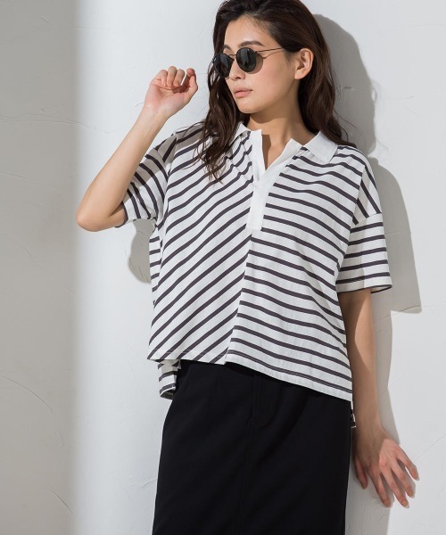 socolla(ソコラ)の「【socolla】切替えボーダーポロTシャツ ≪手洗い可能≫(ポロシャツ・レディース・チャコールグレー/ネイビー/ボルドー・M)」の1枚目の写真