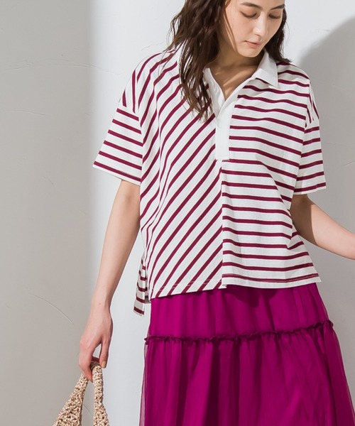 socolla(ソコラ)の「【socolla】切替えボーダーポロTシャツ ≪手洗い可能≫(ポロシャツ・レディース・チャコールグレー/ネイビー/ボルドー・M)」の3枚目の写真