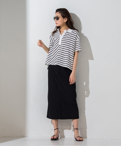 socolla(ソコラ)の「【socolla】切替えボーダーポロTシャツ ≪手洗い可能≫(ポロシャツ・レディース・チャコールグレー/ネイビー/ボルドー・M)」の7枚目の写真