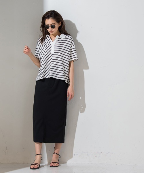 socolla(ソコラ)の「【socolla】切替えボーダーポロTシャツ ≪手洗い可能≫(ポロシャツ・レディース・チャコールグレー/ネイビー/ボルドー・M)」の8枚目の写真