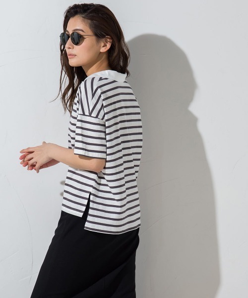 socolla(ソコラ)の「【socolla】切替えボーダーポロTシャツ ≪手洗い可能≫(ポロシャツ・レディース・チャコールグレー/ネイビー/ボルドー・M)」の10枚目の写真