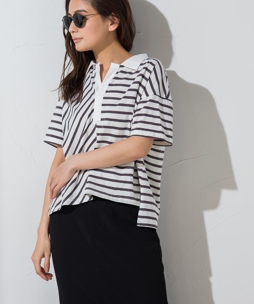 socolla(ソコラ)の「【socolla】切替えボーダーポロTシャツ ≪手洗い可能≫(ポロシャツ・レディース・チャコールグレー/ネイビー/ボルドー・M)」の11枚目の写真