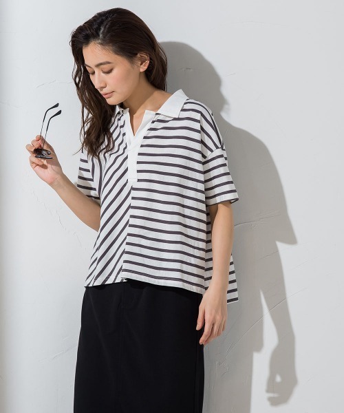 socolla(ソコラ)の「【socolla】切替えボーダーポロTシャツ ≪手洗い可能≫(ポロシャツ・レディース・チャコールグレー/ネイビー/ボルドー・M)」の12枚目の写真