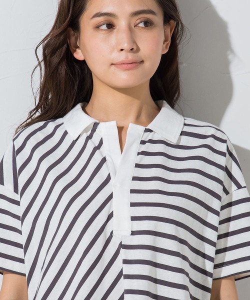 socolla(ソコラ)の「【socolla】切替えボーダーポロTシャツ ≪手洗い可能≫(ポロシャツ・レディース・チャコールグレー/ネイビー/ボルドー・M)」の13枚目の写真