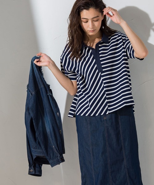 socolla(ソコラ)の「【socolla】切替えボーダーポロTシャツ ≪手洗い可能≫(ポロシャツ・レディース・チャコールグレー/ネイビー/ボルドー・M)」の4枚目の写真