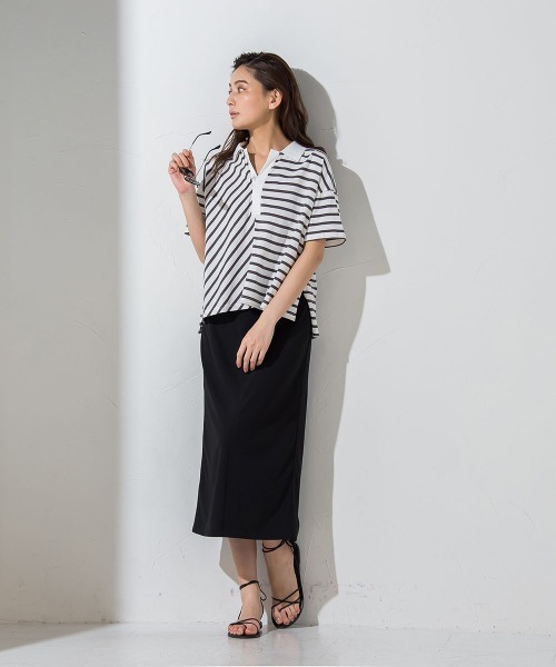 socolla(ソコラ)の「【socolla】切替えボーダーポロTシャツ ≪手洗い可能≫(ポロシャツ・レディース・チャコールグレー/ネイビー/ボルドー・M)」の5枚目の写真