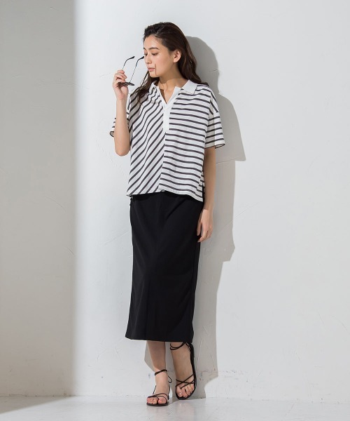 socolla(ソコラ)の「【socolla】切替えボーダーポロTシャツ ≪手洗い可能≫(ポロシャツ・レディース・チャコールグレー/ネイビー/ボルドー・M)」の6枚目の写真