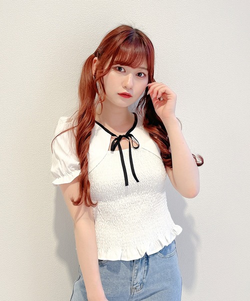 Rmine（アールマイン）の「チョーカーリボンシャーリングブラウス（シャツ/ブラウス・レディース・ベージュ/ホワイト・FREE）」の2枚目の写真