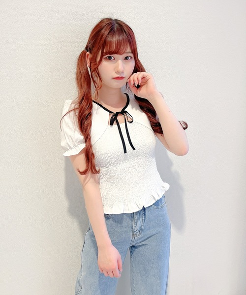 Rmine（アールマイン）の「チョーカーリボンシャーリングブラウス（シャツ/ブラウス・レディース・ベージュ/ホワイト・FREE）」の8枚目の写真