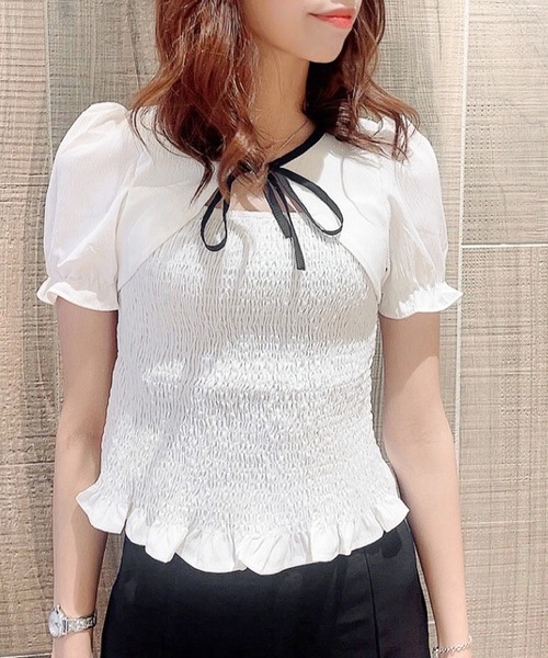 Rmine（アールマイン）の「チョーカーリボンシャーリングブラウス（シャツ/ブラウス・レディース・ベージュ/ホワイト・FREE）」の4枚目の写真