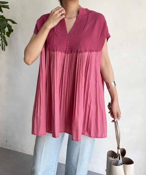 DouDou(ドゥドゥ)の「ケーブルニット×プリーツ異素材切替フレンチ(ニット/セーター・レディース・ホワイト/ブラック/ピンク/チャコールグレー・FREE)」の4枚目の写真