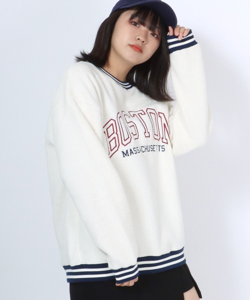 Salong hameu(サロン ハミュー)の「ソフトボアフリース カレッジロゴ刺繍リンガースウェットトップス メンズ レディース/トレーナープルオーバー(スウェット・レディース・ブラウン/パープル/ブルー/アイボリー・M/L/LL)」の5枚目の写真