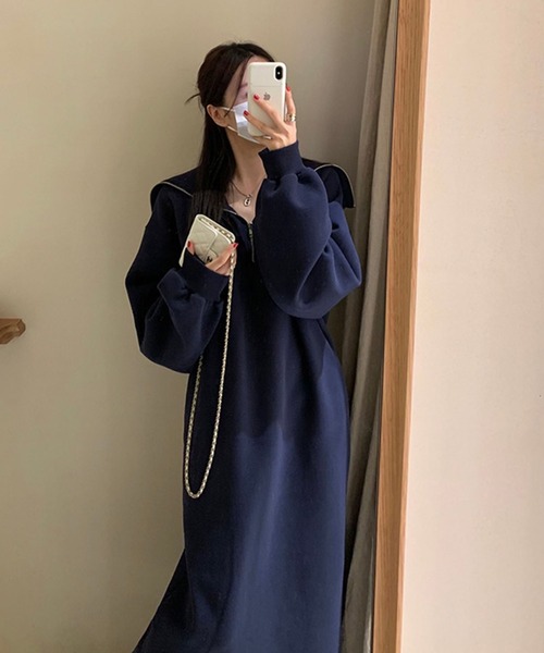 Jewelobe（ジュエローブ）の「ハーフジップビッグカラースウェットマキシワンピース（ワンピース・レディース・ベージュ/ネイビー/杢グレー・FREE）」の10枚目の写真