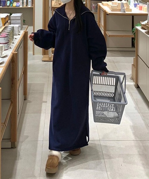 Jewelobe（ジュエローブ）の「ハーフジップビッグカラースウェットマキシワンピース（ワンピース・レディース・ベージュ/ネイビー/杢グレー・FREE）」の5枚目の写真