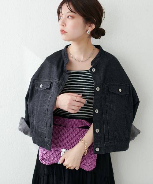 natural couture（ナチュラルクチュール）の「バンドカラーレギュラーＧジャン（デニムジャケット・レディース・インディゴブルー/アイボリー/ブラック・FREE）」の7枚目の写真