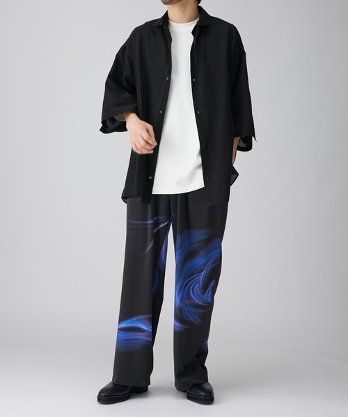 Luis ルイス セットアップ シャツ＆ワイドパンツ SMOKE総柄 ブルー Lui's（ルイス）の「SMOKEプリントリラックスパンツ